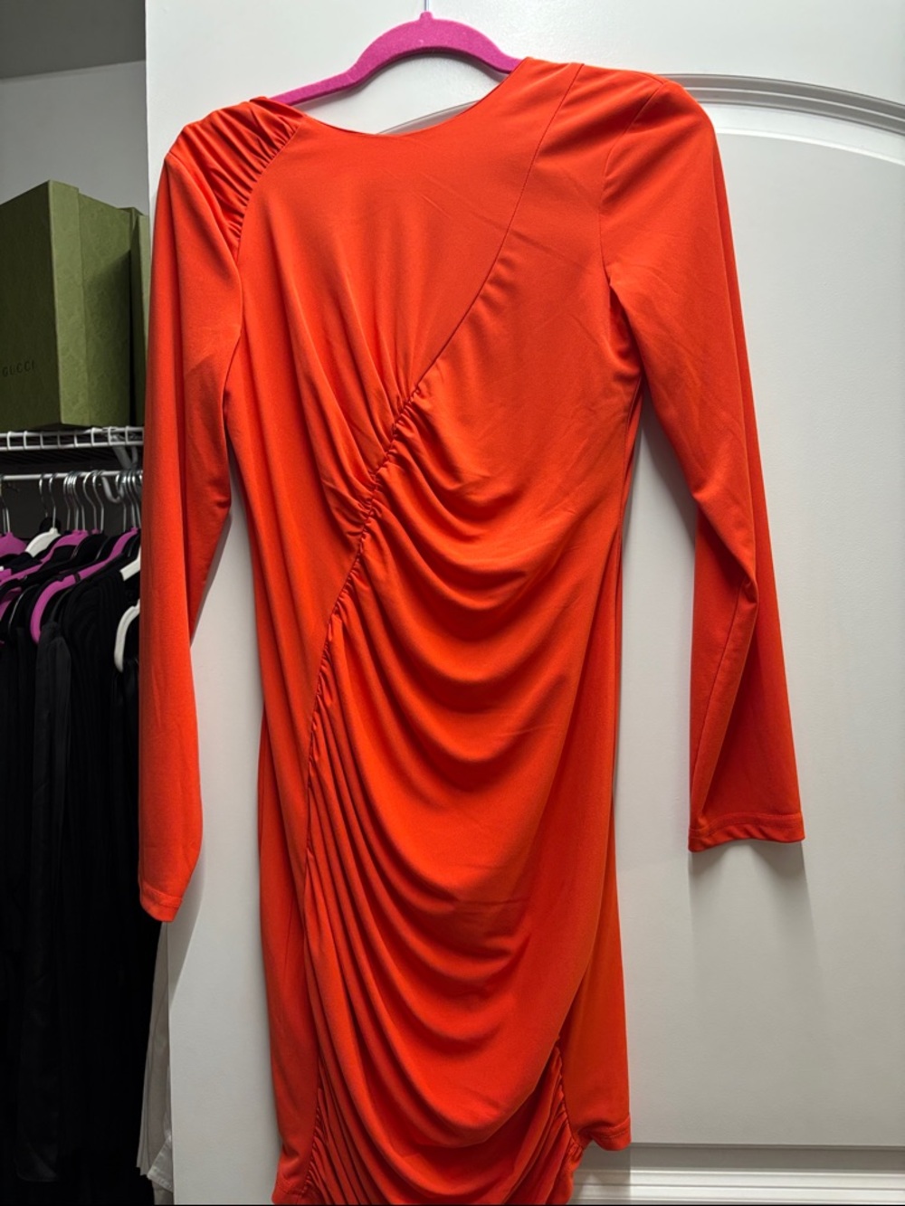 BCBG Vibrant Orange Long-Sleeve Ruched Dress